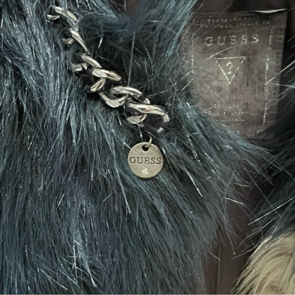 Guess Fur Vest Chain Detail Color Block Shaggy Chic Indie Sneeze‎ Boho Sz XSmall